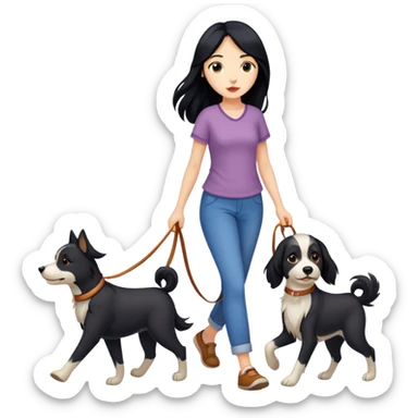A girl with long black hair walking with three dogs sticker