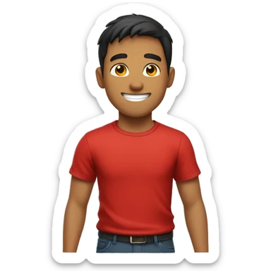 A young man with short dark hair is smiling . He is wearing a bright red t-shirt. sticker