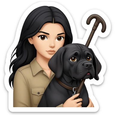 Kendall Jenner with long black hair holding a black Cane Corso dog sticker