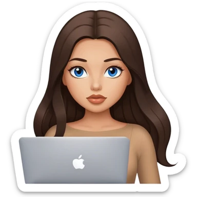 Glamours tanned very beautiful girl with big pump peach lips and dark chocolate straight smooth long hair, blue eyes in brown/beige bodysuit with MacBook sticker