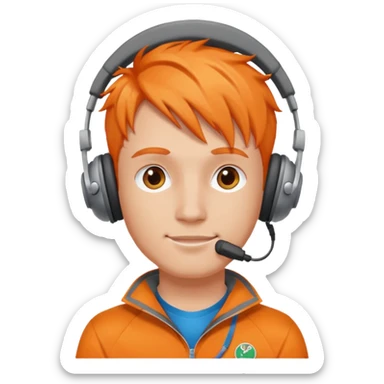 a orange-haired guy with darkgrey headphones and a silver medal sticker