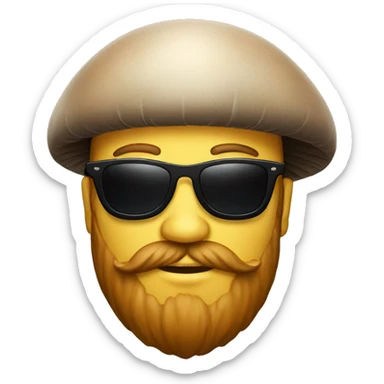 a man with a beard wearing black sunglasses with a mushroom on his head sticker