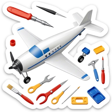 model-building tools like glue, paint, small paintbrushes, and pieces of a plastic model car or airplane in the process of being assembled. The design includes detailed textures of the model pieces and tools, capturing the focus and creativity of model building. Transparent background. sticker