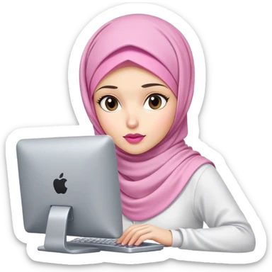 white skin hijab scarf woman working in computer. Her outfit is white, her lips is pink, her expression is focused on computer sticker