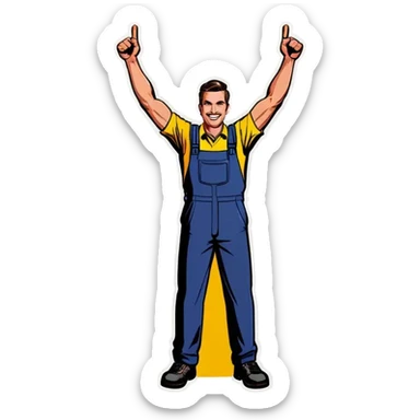 Man holding both arms in the air and holding an electrical cable sticker