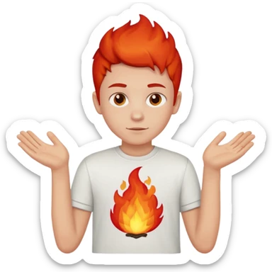 A boy with no hands fire instead made out of red fire and the boy is wearing a shirt that says FIRE CREATOR  sticker