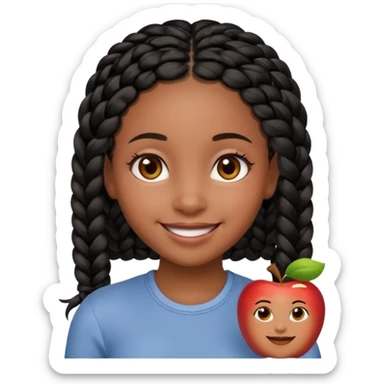 friendly black girl with neat black braids and expressive brown eyes, face only, Apple emoji style sticker
