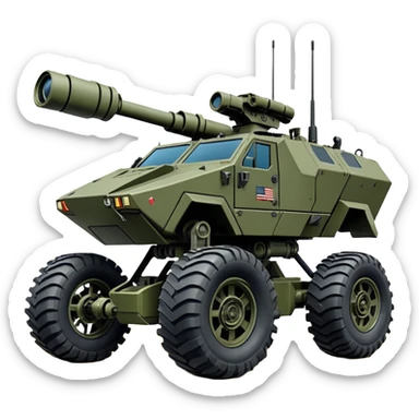 a roomy American 4-wheel armored personnel stealth camouflage army massive mech trail vehicle shooting forward side-hill leaning actively articulating hydraulic independent suspended pod gimbal enemy mech off-road racing rover with large fast engine RC basher megatron  sticker
