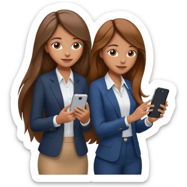 two brown haired girls, looking professional maybe leaned on each others back and looking forward and using phones, with long hair and one girl can hold lap top another one can hold the phone, professional clothes, more stylish sticker