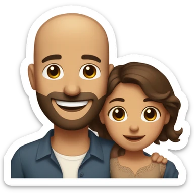 Brown-haired Puerto Rican woman with dark brown eyes wearing a cute blouse giving comforting hug to short, bald man with brown eyes, laugh lines, and a beard sticker