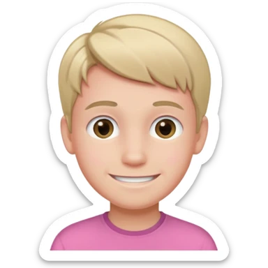 A smiling boy with a pink top and the darkest blonde hair sticker