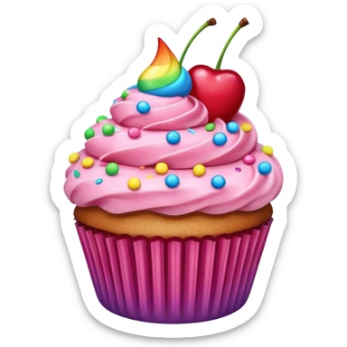 Cupcake with pink icing rainbow sprinkles and a cherry on top sticker