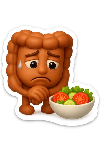 EMOJI STILE IPHONE DI UN INTESTINO UMANO ANATOMICO CHE GUARDA UN INSALATA CON ESPRESSIONE TRISTE E RASSEGNATA IN VOLTO: SOFFRE LA FAME PERCHé è A DIETA, FAGLI ANCHE LA PARTE BIANCA DEGLI OCCHI, NON SOLO LE PUPILLE, IPERREALISTICO 4K sticker