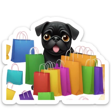 Black pug with many shopping bags sticker