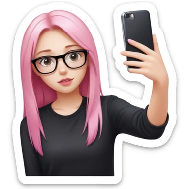 A teenage girl taking a selfie in a school bathroom. She has long, straight blonde and pink-dyed hair, wears rectangular glasses and a black shirt. Her expression is neutral with glossy lips sticker