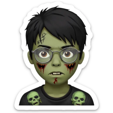 Boy, zombie, black hair, medium long, emo, shaggy, dark, spooky, creepy expression emoji, add dolce gabanna glasses, a risk on the eyebrow, some tattos  sticker