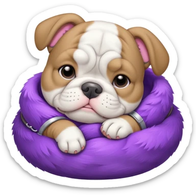 grey white bulldog puppy sleeping with a purple collar on sticker