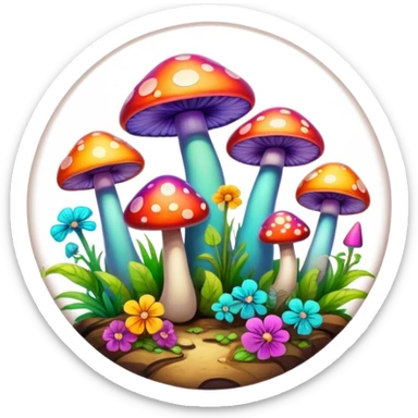A round psychedelic colored button with beveled edges and colorful hippie style mushrooms sticker
