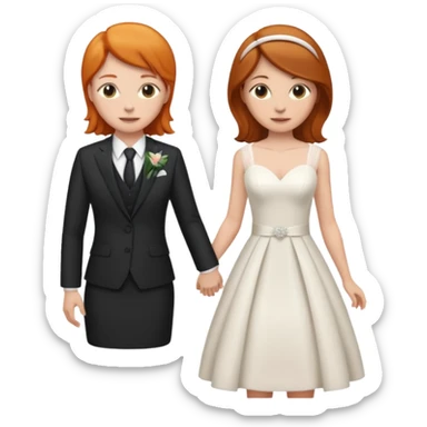 lesbian couple getting married. one ginger one brunette. ginger in a suit, medium brunette in a dress. BOTH GIRLS sticker