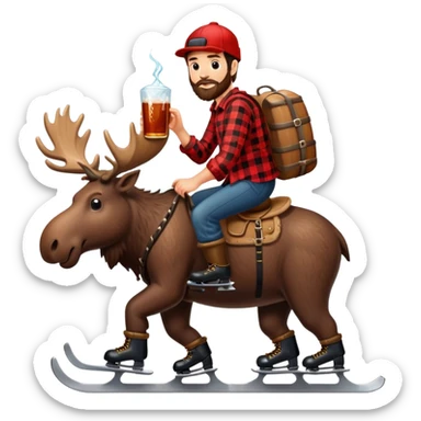 canadian lumberjack wearing red and black flannel shirt and drinking maple syrup and wearing ice skates while riding on a moose sticker