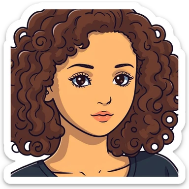 20-year-old woman with long curly brown hair, small hazel eyes, long eyelashes sticker