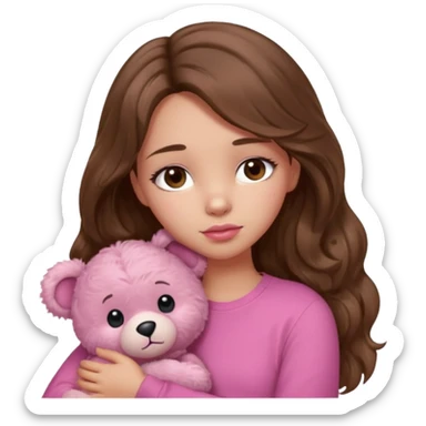 girl with long wavy brown hair, brown eyes, light to medium complexion, in a pink shirt, pink lips, long lashes, sad, hugging a teddy bear with a  heart sticker