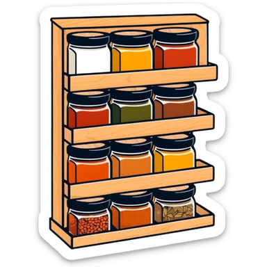 A wooden spice rack with various labeled jars of spices sticker