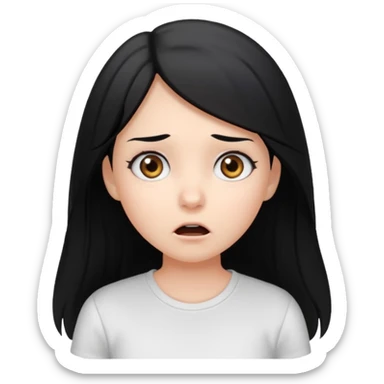 girl with long ash black hair, gray eyes, white shirt, surprised expression sticker