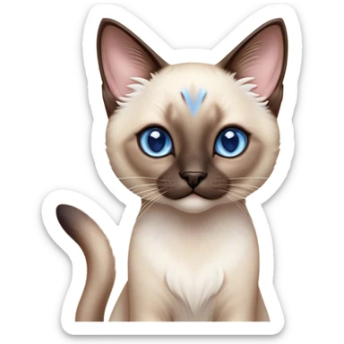 Cinematic Cute Siamese Cat Portrait Emoji, slender body, soft cream-colored fur with rich dark points on the ears, face, paws, and tail, big, sparkling sapphire-blue eyes, Simplified yet irresistibly adorable features, highly detailed, glowing with a warm, cozy glow, high shine, curious yet calm, stylized with a touch of whimsy, bright and endearing, soft glowing outline, capturing the essence of a mischievous yet lazy and loveable kitty, so cuddly it feels like it could waddle right out of the screen for a snuggle! sticker
