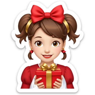 A cheerful young girl with brown hair styled in two playful buns adorned with red bows is winking and smiling.  In her hands, she holds a small decorated  sticker