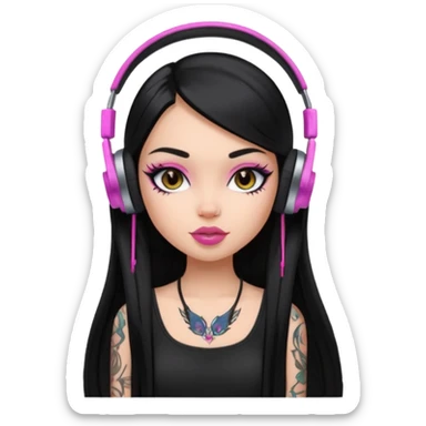 generate a pretty bratz girl with black long straight hair and headphones on, tattoo on shoulder, eyeliner on sticker