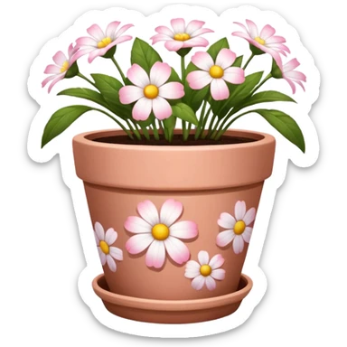 plant pot in terra cota with white and pink flowers print painted on the pot sticker