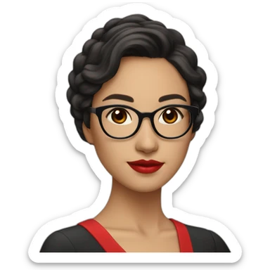 Young woman asiatic teacher, black square hairs, red glasses, red lipstick, red dress, black eyes sticker