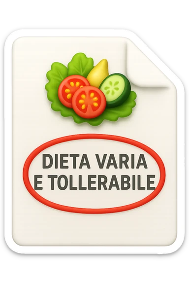 emoji stile iphone di un foglio con un insalata disegnata sopra e la scritta "DIETA VARIA E TOLLERABILE" CERCHIATA IN ROSSO, iperrealistico 4k, isolato su sfondo bianco sticker