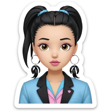 generate a pretty bratz girl wearing a light blue full sleeve shirt. silver small hoops, pink lipgloss, black blazer. black hair tied up in a ponytail sticker