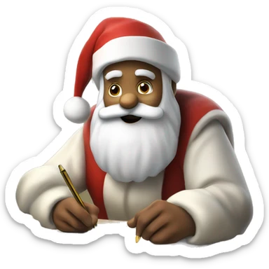 Father Christmas is sitting on a desk, writing something down on a sheet of paper, solving complicated math puzzles  sticker