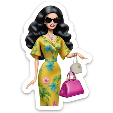 1960’s Palm Beach Breeze Barbie, teen Morticia Addams ,by the pool, white skin, full body visible, wavy hair,handbag, aloof,eyeshadow,earrings,open flowing floral caftan,small 2 piece, sunglasses on top of head, heels,walking Miss Thang sticker