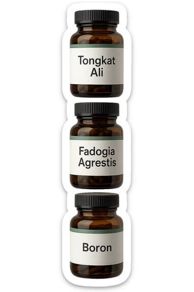 4 boccette di integratore: Tongkat Ali, Fadogia Agrestis, Boron e Zinco fluttuano in aria verticalmente sticker