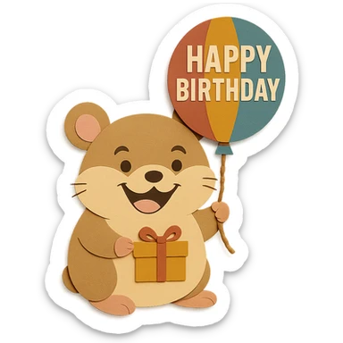 Add the other ear to the hamster on the opposite side, keep the ribbon on the gift box, happy expression, and colorful 'Happy Birthday' balloon sticker