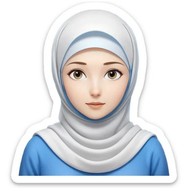 girl with white hijab in blue clothes, surrounded by screens displaying advanced holographic projections, quantum computing visuals, neural networks, futuristic UI elements, flowing digital code sticker