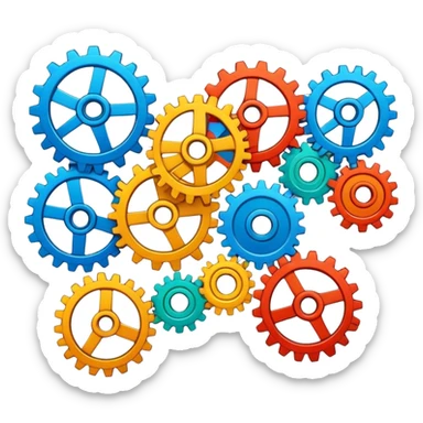 Set of colorful interlocked gears turning together in a system sticker