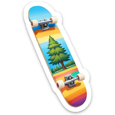 An icon featuring a colorful skateboard resting on a smooth pavement. The background shows a sunny park with trees, a clear sky, and a lively atmosphere. The skateboard's deck is decorated with vibrant designs, emphasizing its dynamic style. Transparent background  sticker