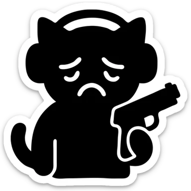 tired sad cat with a gun in hand and headphones, solid filled icon sticker