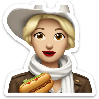 cowgirl with a white hat and white scarf and blonde short hair with red lipstick eating hotdog sticker