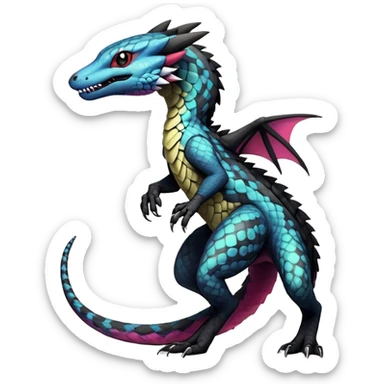 Rare realistic exotic edgy gothic cool badass epic pretty beautiful handsome gorgeous aesthetic colorful vibrant Vernid-Trico-species-Fakemon-Salandit-Heliolisk-hybrid-creature by LiLaiRa, 4 legs, 1 tail, random markings, (full body) sticker