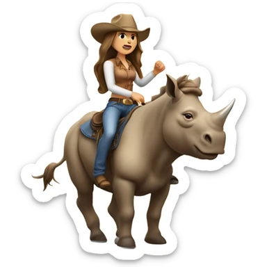 Caucausian woman with long hair with a cowboy hat and she’s riding a rhinoceros sticker