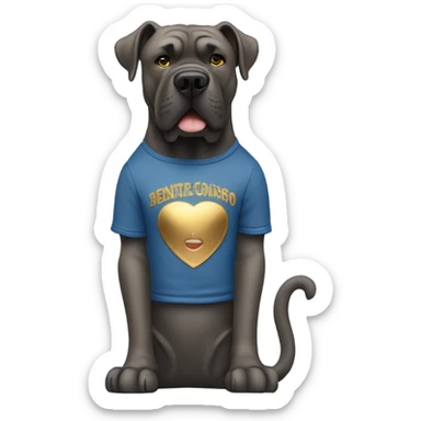 A Cane Corso in blue jeans and gold tee shirt standing upright singing into a microphone. sticker