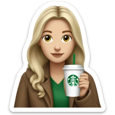 A white girl with brown and long hair, green eyes, with a beige coat, drink a starbucks coffe sticker