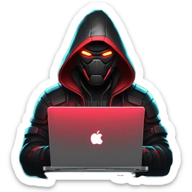 developer behind his laptop with this style : crysis Cyberpunk Valorant neon glowing bright red character dark red black hooded assassin themed character sticker