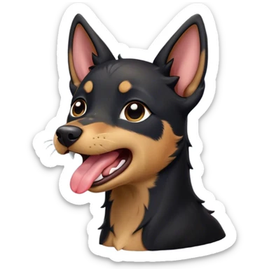 Cinematic Cute Yawning Black and Tan Kelpie Portrait Emoji, Head tilted slightly with a dramatic, wide-open yawn, showcasing a smooth black Fur with distinct tan accents, floppy ears slightly drooping, round dark eyes barely open in drowsy contentment, Simplified yet irresistibly adorable features, highly detailed, glowing with a soft, cozy glow, high shine, relaxed yet expressive, stylized with a touch of whimsy, bright and endearing, soft glowing outline, capturing the essence of a sleepy yet affectionate herder, so drowsy it feels like it could stretch out of the screen and curl up for a nap! sticker